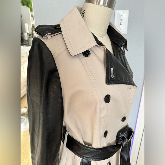 ❌SOLD❌Ann Taylor Trench Coat with Faux Leather Sleeves Small - Picture 7 of 17